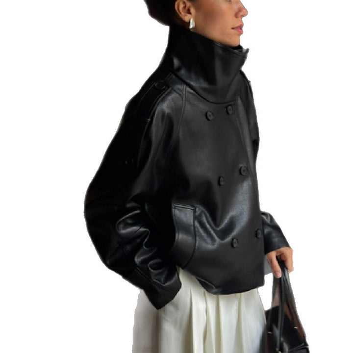 Damen Übergröße Kunstlederjacke mit asymmetrischem Revers Drune