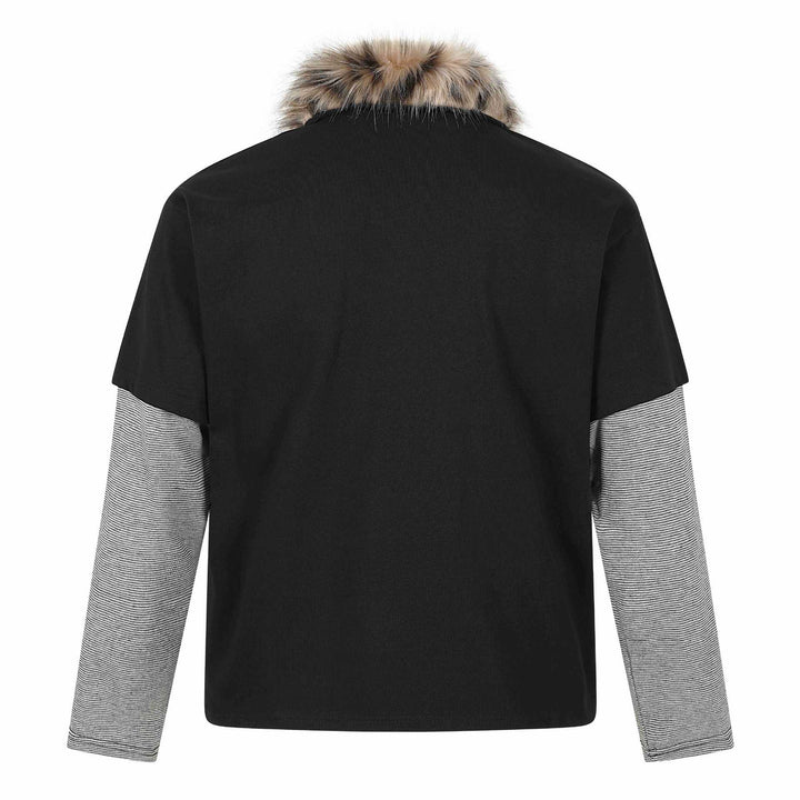 Damen Layered-Optik Langarm-Polo mit Kunstfellkragen und Wappenstickerei Drune