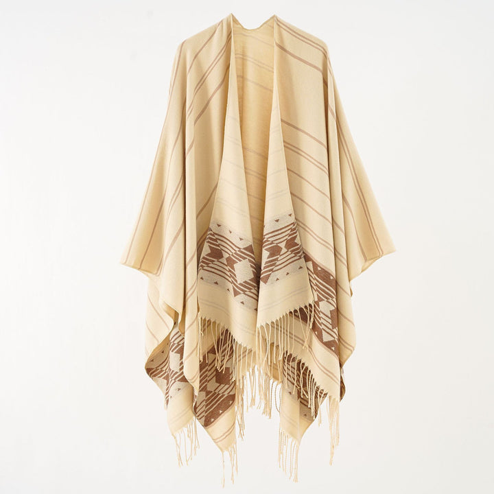 Damen Wollmix-Ruana im grafischen Ethno-Jacquard mit Fransensaum Drune