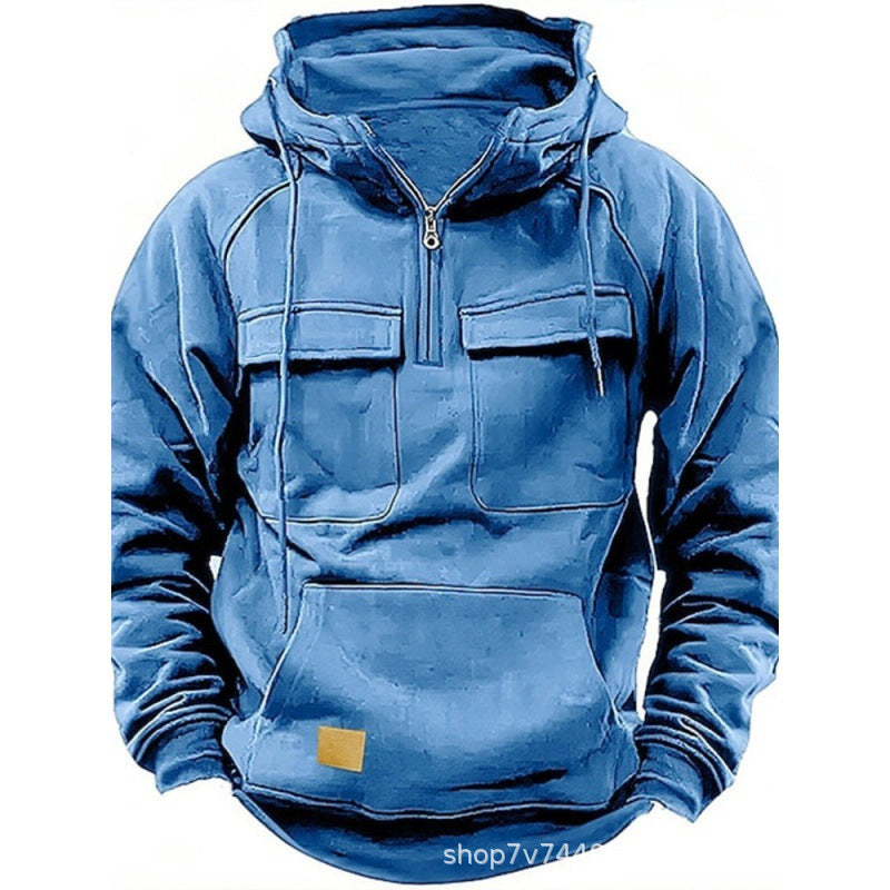 Herren nan funktionaler Kapuzenpullover mit halbem Reißverschluss, aufgesetzten Brusttaschen und Kängurutasche Drune