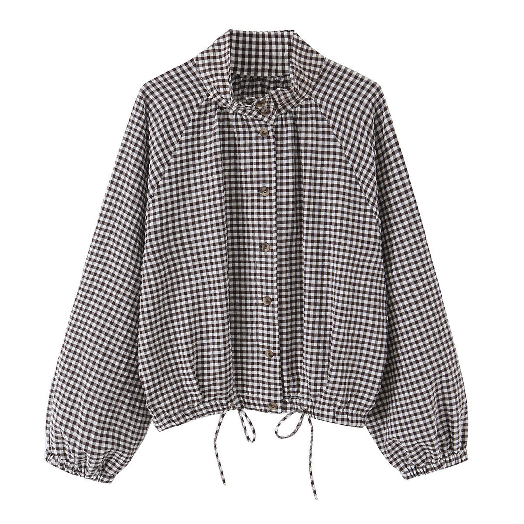 Damen Karierter Gingham-Blouson mit Tunnelzug-Saum, Raglanärmeln und Stehkragen Drune