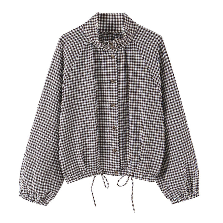 Damen Karierter Gingham-Blouson mit Tunnelzug-Saum, Raglanärmeln und Stehkragen Drune