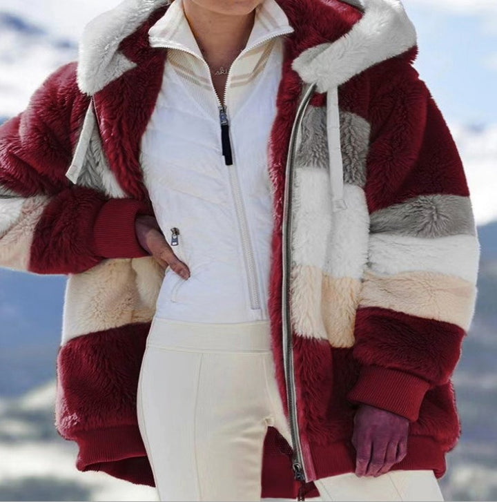 Damen nan oversized gefütterte Kunstfelljacke mit Kapuze, Blockstreifen und gerippten Bündchen Drune