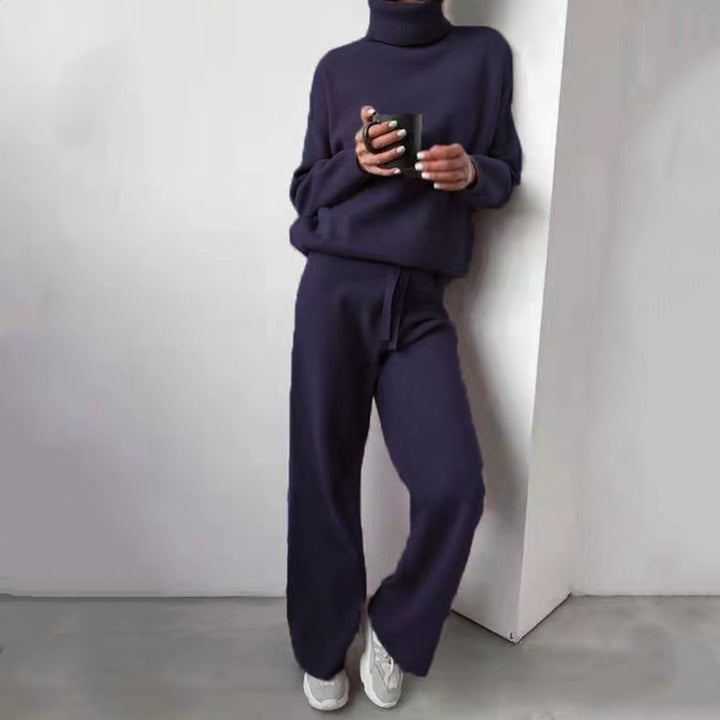 Damen elegantes Strick-Loungewear-Set mit hohem Kragen und weitem Bein Drune