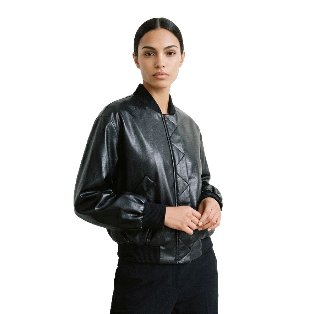 Damen Kurze Kunstleder-Bomberjacke mit Rippbündchen und geometrischer Stepppasse Drune