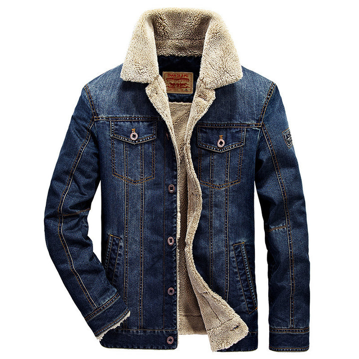 Herren Jeansjacke im Worker‑Look mit Stehkragen, Brustpattentaschen und Ziernähten Drune