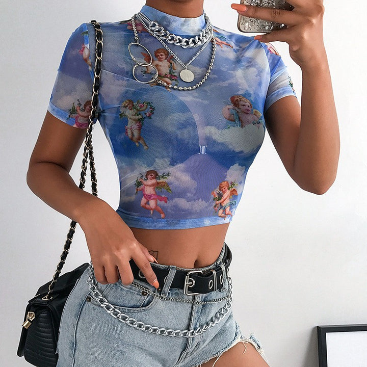 Damen Hochgeschlossenes Crop-Top mit romantischem Engelmotiven Drune