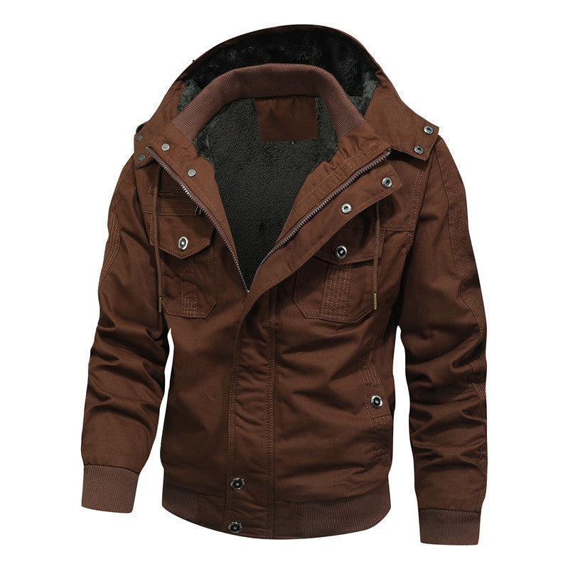 Herren Winddichte Canvas-Jacke mit Teddyfutter und Kapuze Drune