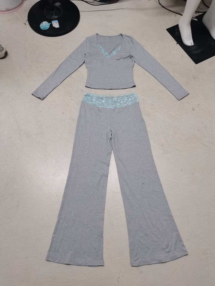 Damen Zweiteiliges Lounge-Set aus Stretchjersey mit V‑Ausschnitt Crop-Top und ausgestellter hochtaillierter Hose Drune