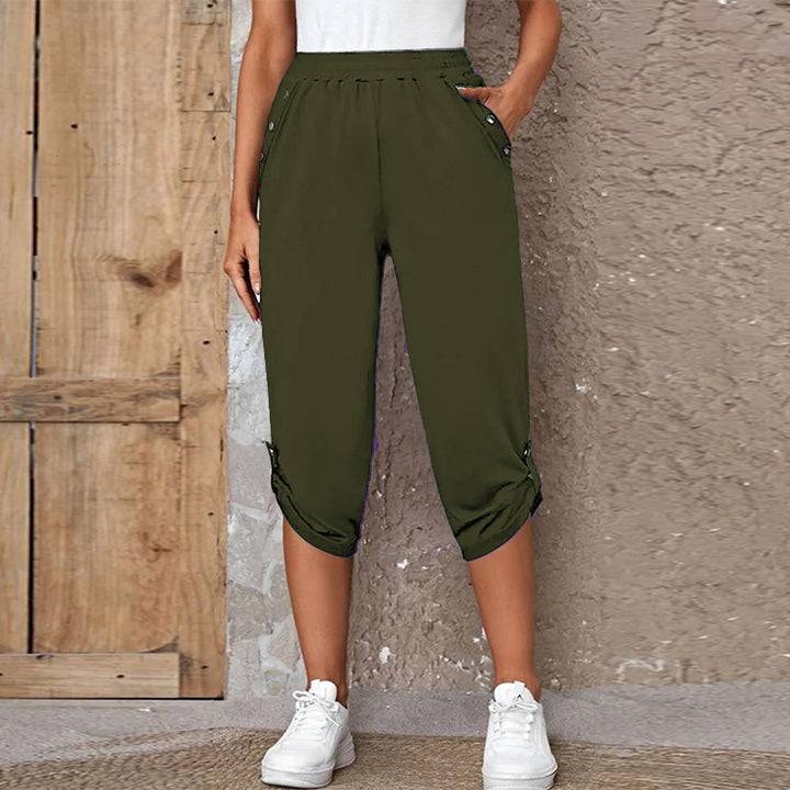 Damen sportliche Caprihose mit dekorativen Knopfdetails Drune