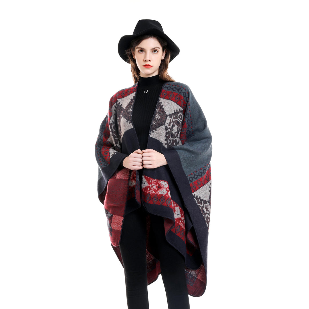 Damen Oversize Poncho aus Jacquard-Strick mit geometrischem Ethno‑Muster Drune