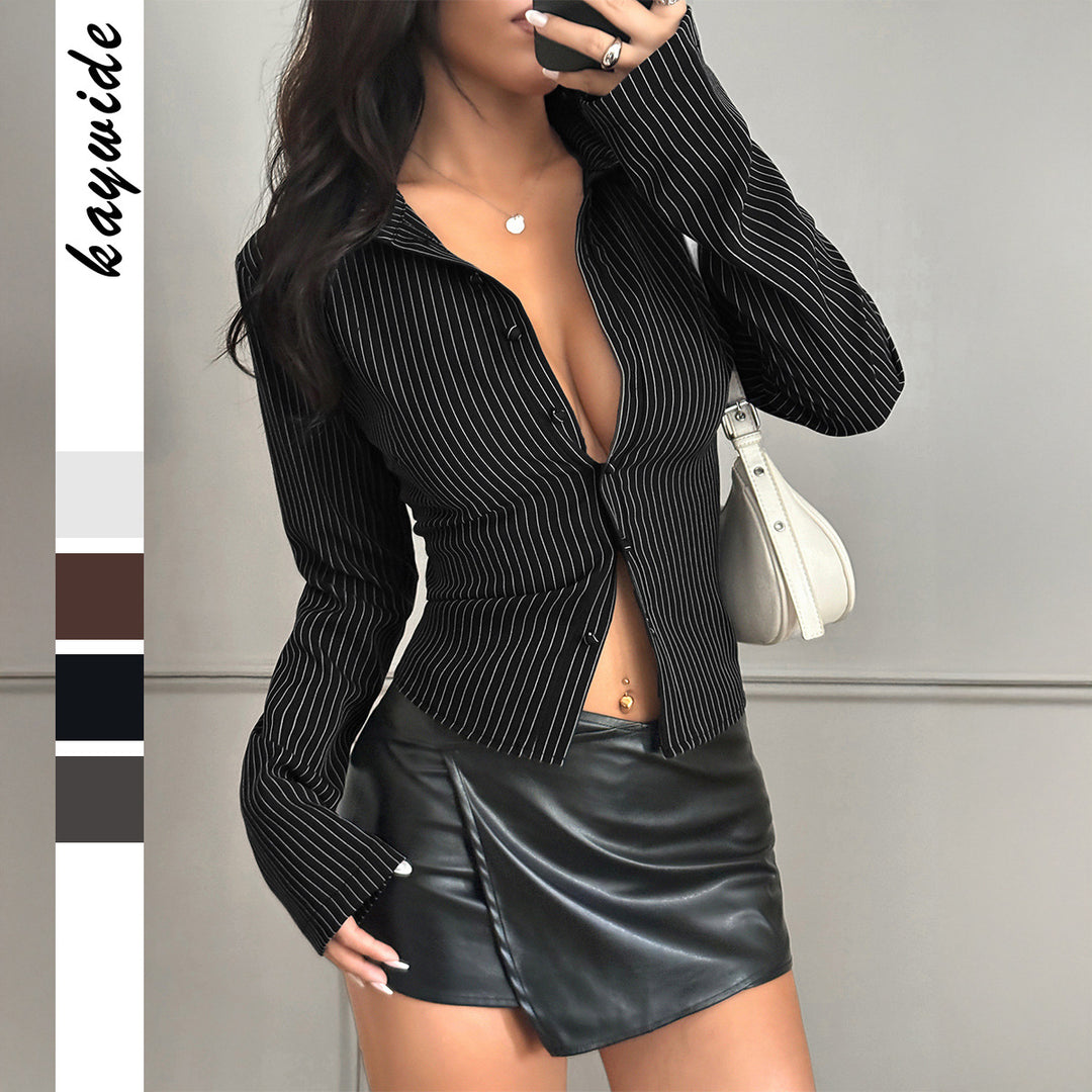 Damen nan taillierte Nadelstreifen-Bluse mit Hemdkragen und figurformender Knopfleiste Drune