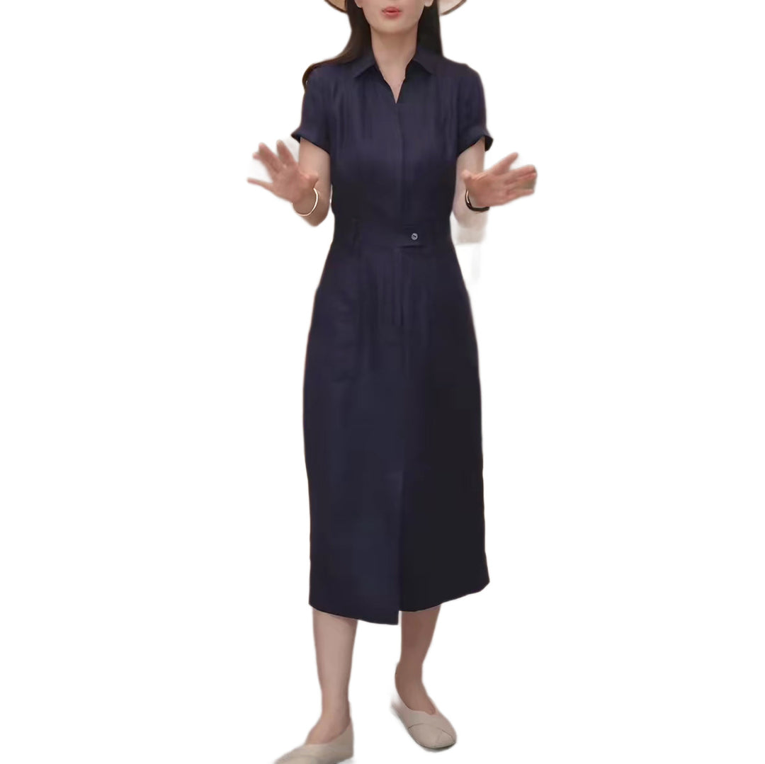 Damen Tailliertes Hemdblusen-Midikleid mit verdeckter Knopfleiste und Taillenpassante Drune