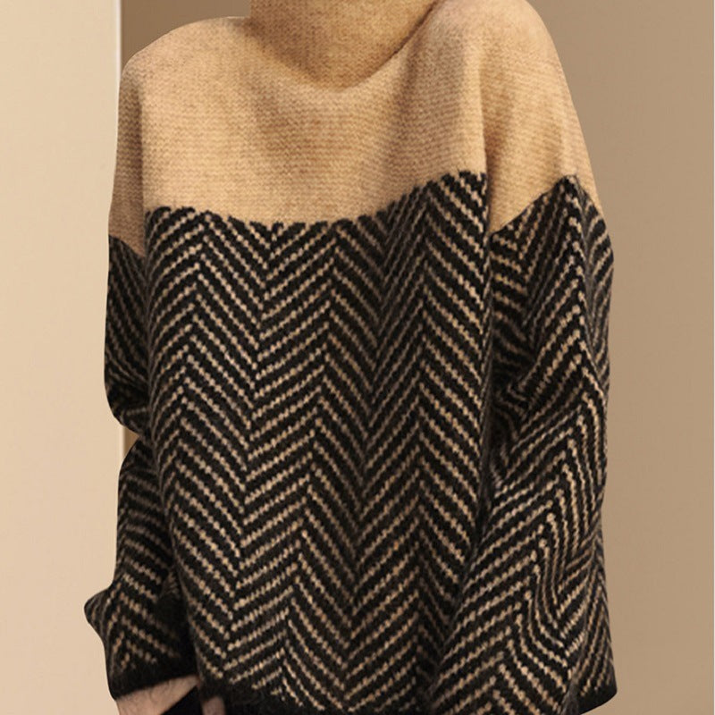 Damen Modischer Pullover mit Zickzack-Muster und hohem Kragen Drune