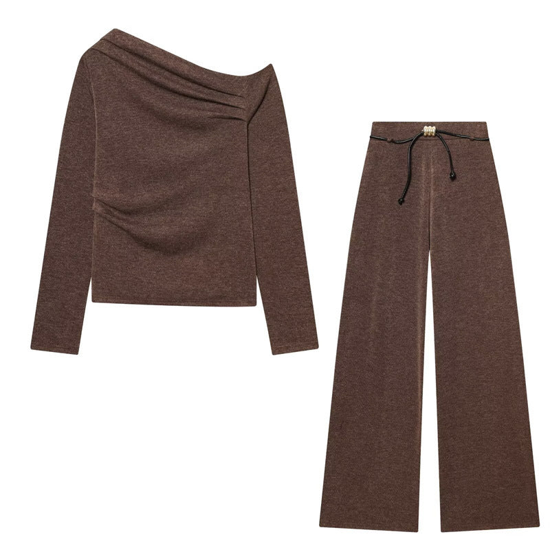 Damen Asymmetrisches Feinstrick-Top mit Wasserfallkragen und seitlicher Raffung Drune