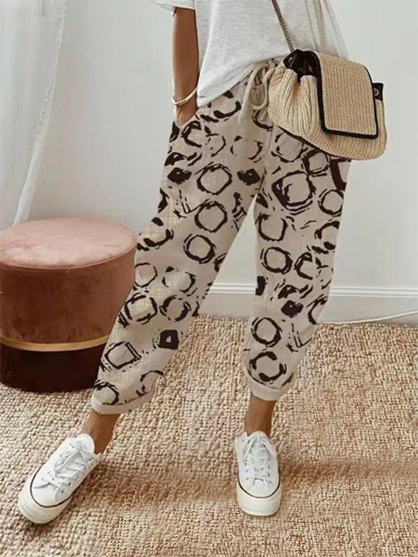 Damen Lockere Bedruckte Jogger mit Kordelzug und Rippbund Drune