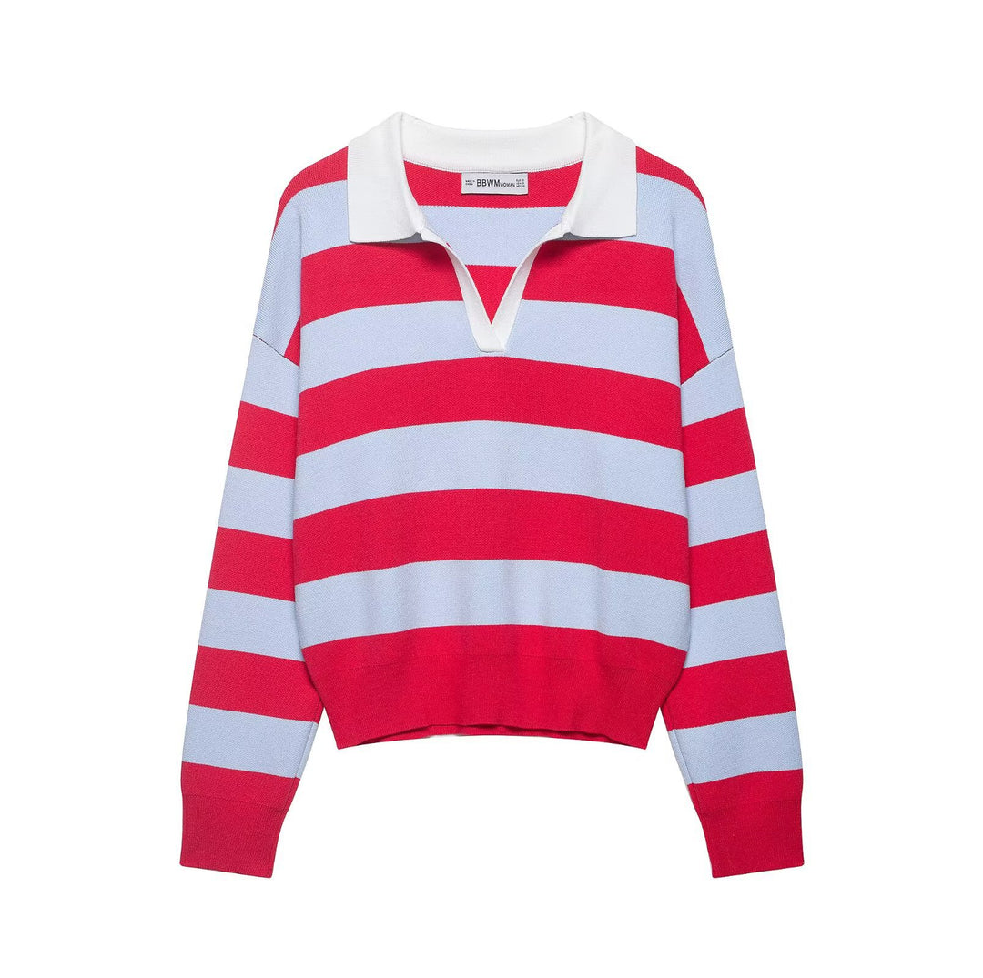 Damen Gestreifter Rugby-Pullover mit offenem Polokragen Drune