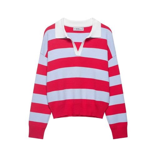 Damen Gestreifter Rugby-Pullover mit offenem Polokragen Drune