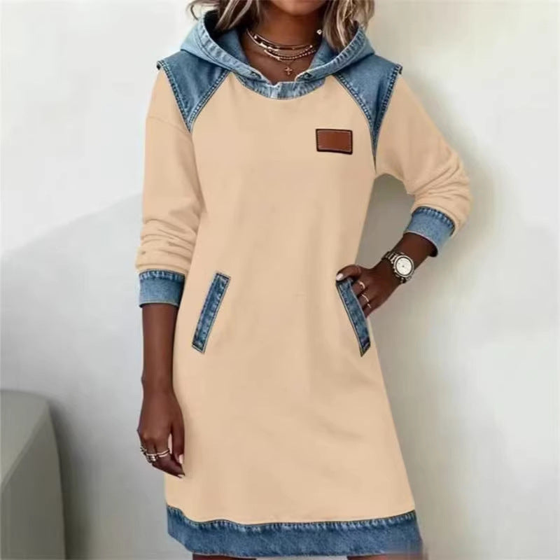 Damen Kapuzen Sweatkleid mit Denim-Besatz, Kängurutaschen und lässiger A-Linien Silhouette Drune