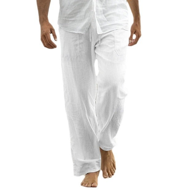 Herren gerade geschnittene Leinen-Loungehose mit Kordelzug, tiefen Eingrifftaschen und atmungsaktiver Struktur Drune