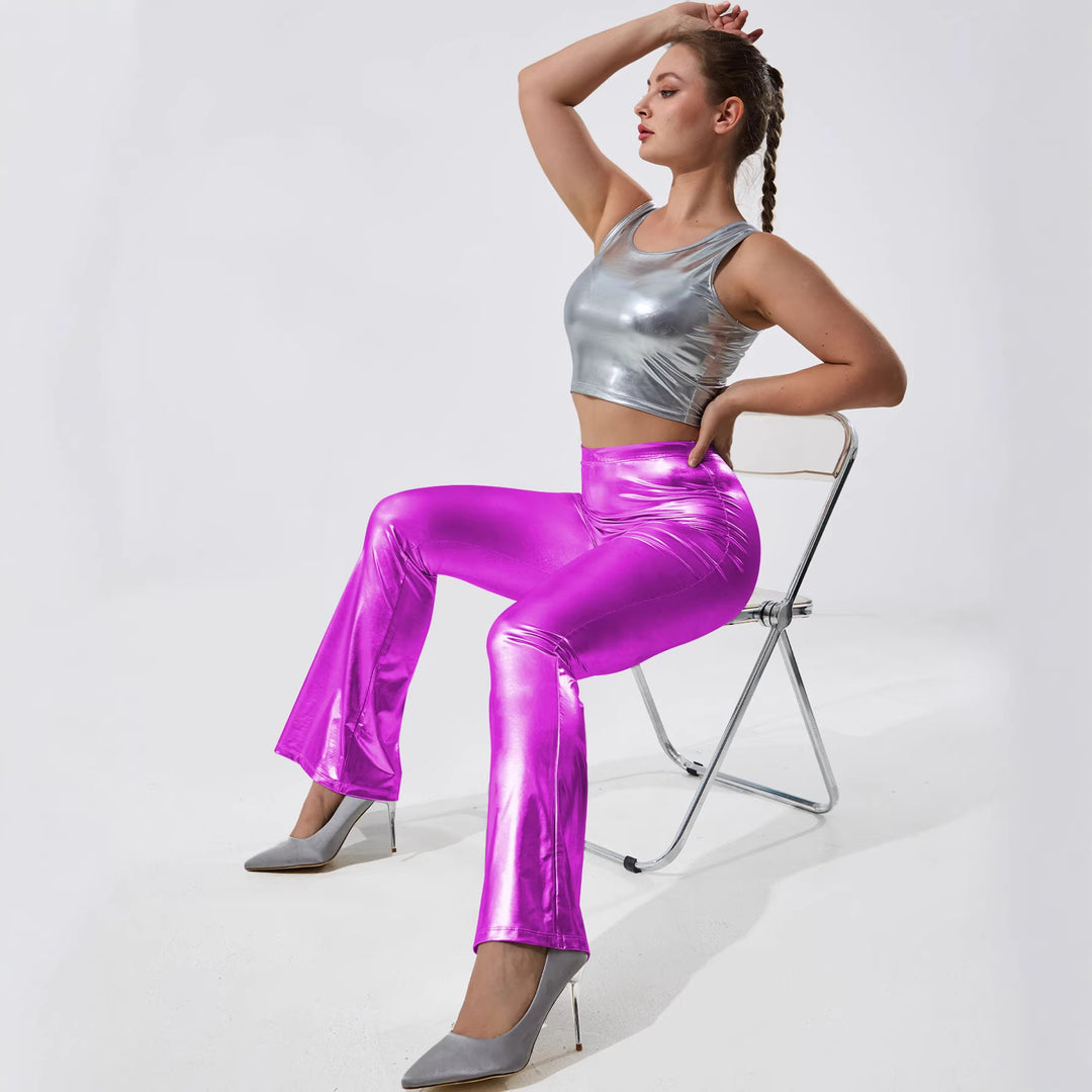 Damen Glänzende High-Waist Schlaghose mit Metallic-Finish Drune