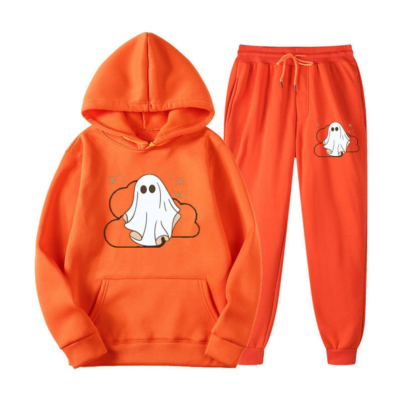 Unisex nan kuscheliger Kapuzenpullover und Jogginghose Set mit Halloween-Geistprint Drune