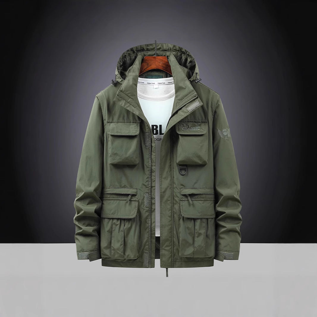 Herren Multifunktions-Fieldjacke mit Kapuzenkragen, Cargo-Taschen und D-Ring Drune