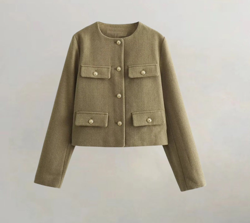 Damen kurzärmlige Utility-Jacke mit aufgesetzten Taschen und dekorativen Knöpfen Drune