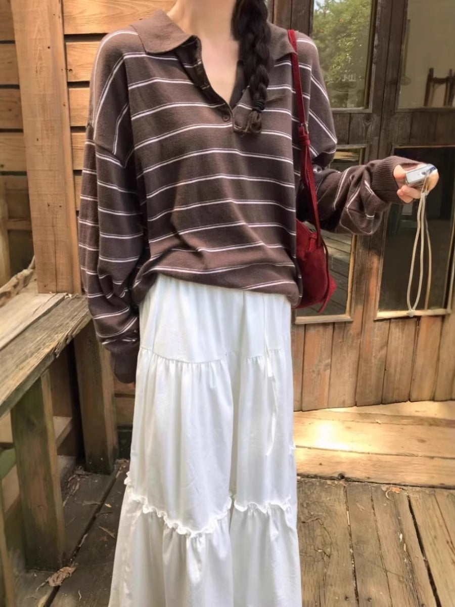 Damen Oversize-Polokragen-Strickpullover mit Streifen und halber Knopfleiste Drune
