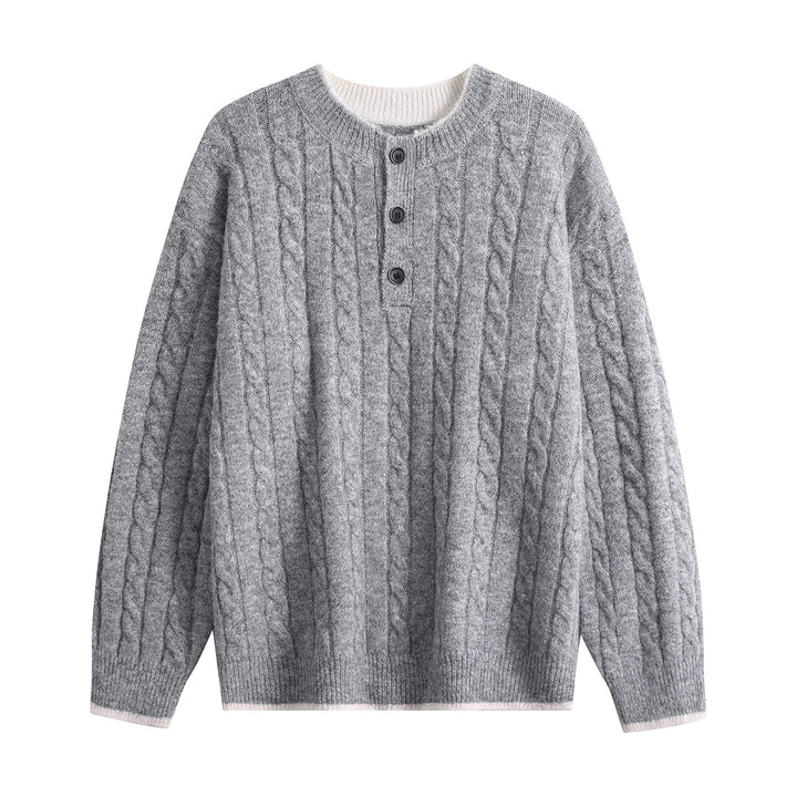 Damen Zopfmuster-Henley-Pullover mit Rundhalsausschnitt & Knopfleiste Drune