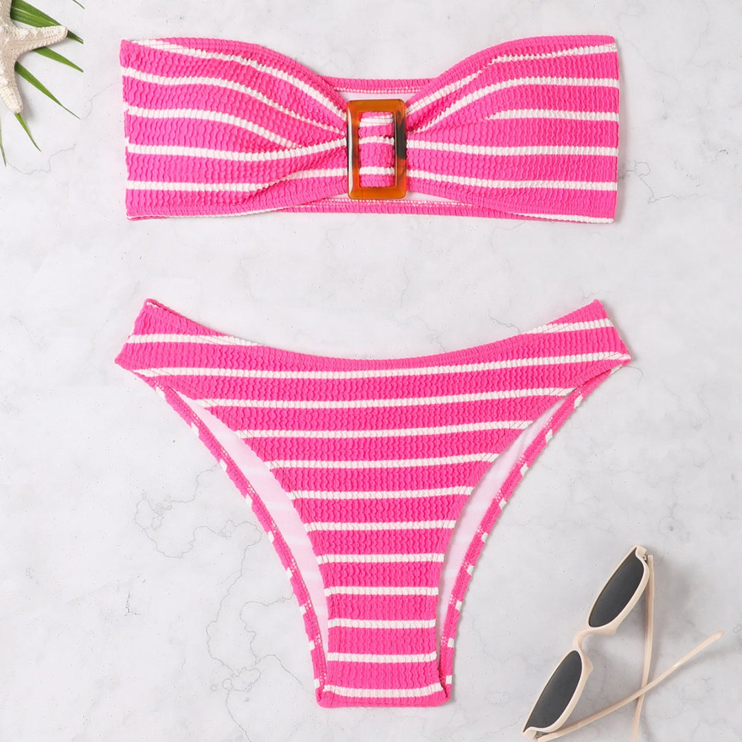 Damen Bandeau-Bikini mit modischem Streifenmuster und dekorativer Schnalle Drune