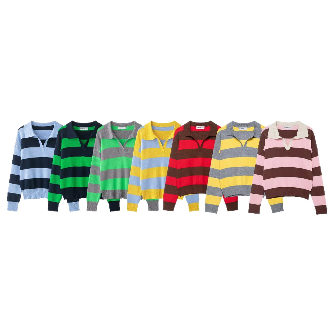 Damen Gestreifter Oversize-Rugby-Pullover mit Polokragen und V-Ausschnitt Drune