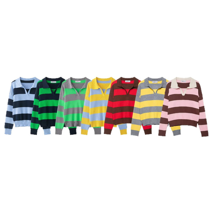 Damen Gestreifter Oversize-Rugby-Pullover mit Polokragen und V-Ausschnitt Drune