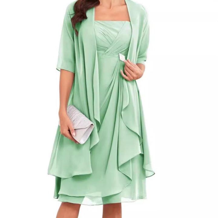 Damen festliches Maxikleid mit einem eleganten Wickeldesign und transparenter Ärmeln Drune