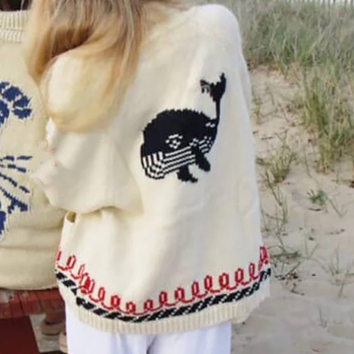 Damen Oversize Strickcardigan mit Walmotiv und nautischer Kontrastbordüre Drune
