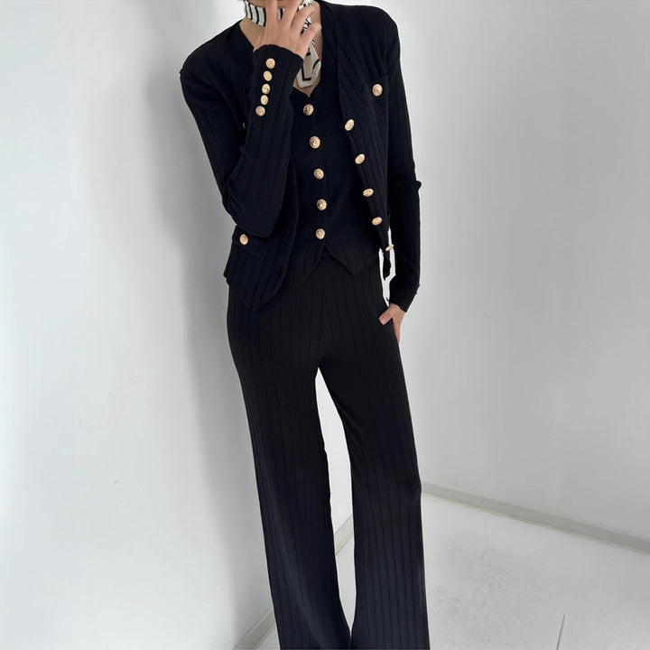Damen elegantes gestricktes Ensemble mit Knopfdetaillierung Drune
