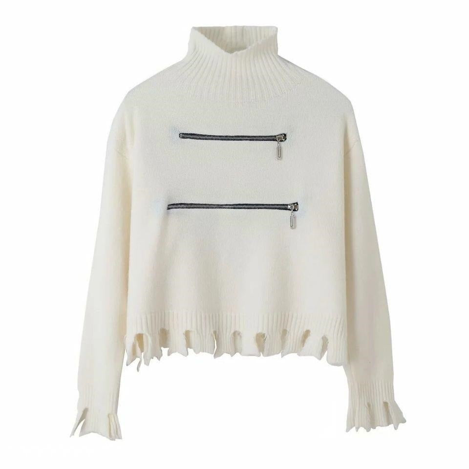 Damen stylischer Stehkragenpullover mit zwei asymmetrischen Reißverschlusstaschen und fransigem Saum Drune