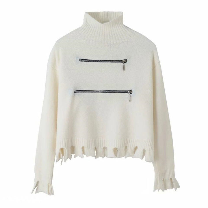 Damen stylischer Stehkragenpullover mit zwei asymmetrischen Reißverschlusstaschen und fransigem Saum Drune