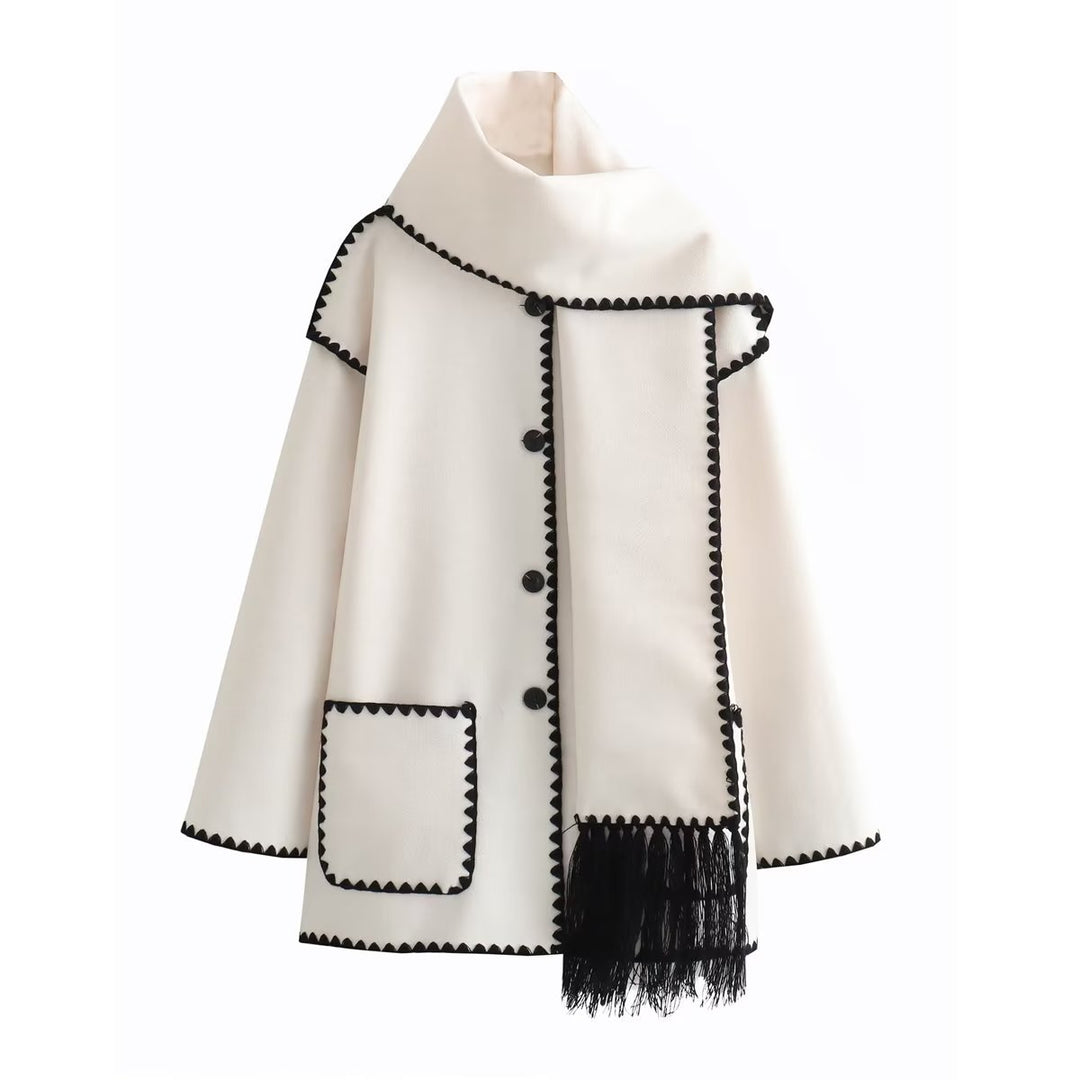 Damen Cape-Mantel mit angesetztem Fransen-Schal und Zier-Zickzacknaht Drune