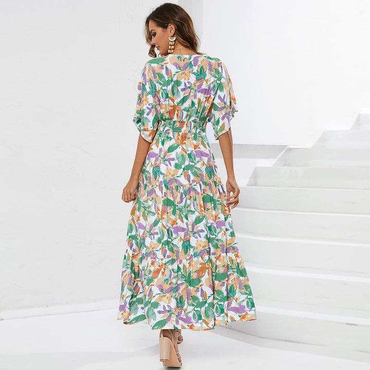Damen Maxikleid mit detailreichem floralem Design und V-Ausschnitt Drune