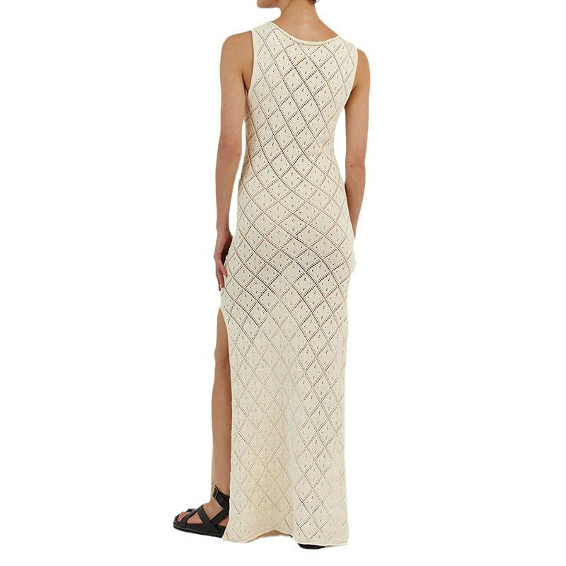 Damen Häkelkleid mit kreativem Rautenmuster und ärmellosem Schnitt Drune