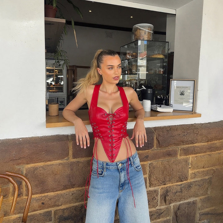 Damen Leder-Corset-Top mit Schnürung und asymmetrischem Schnitt Drune