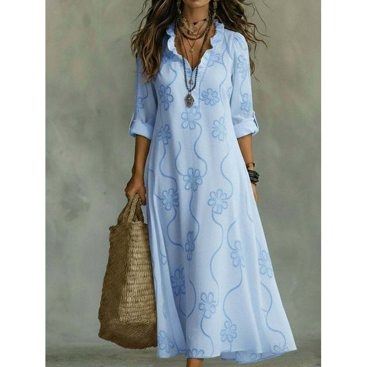 Damen Langes Boho-Maxikleid mit Blumenstickerei und V‑Ausschnitt Drune