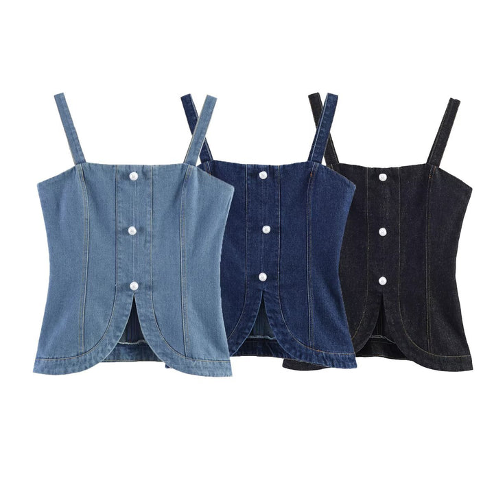 Damen Denim-Cami mit tailliertem Schnitt und dekorativen Knöpfen Drune