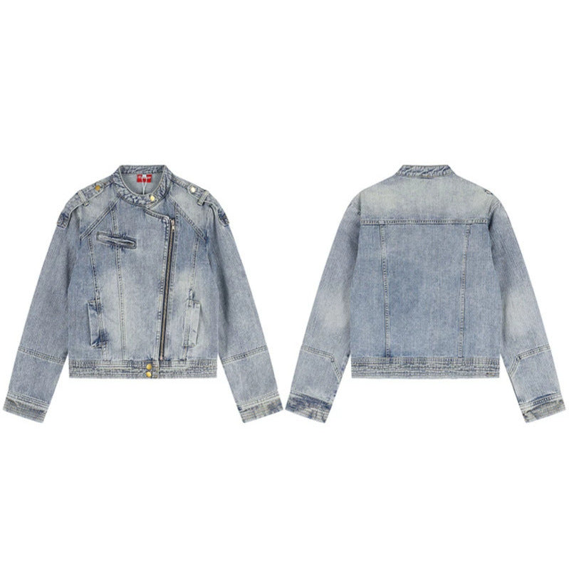 Damen asymmetrische Jeansjacke im Bikerstil mit Stehkragen und diagonalem Reißverschluss Drune