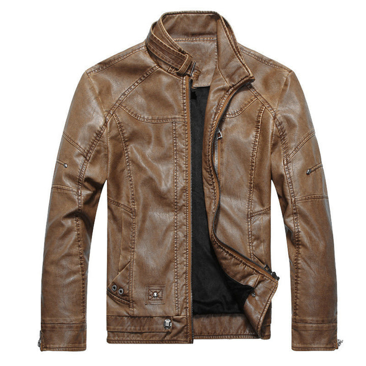 Herren Lederjacke im Bikerstil mit Stehkragen und Ziernähten Drune