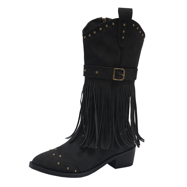 Damen nan Westernstiefel mit Fransen Nieten und Schnallenriemen Drune