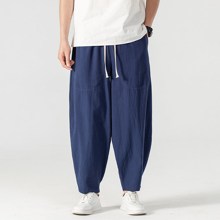 Herren Lässige Leinen-Baumwoll-Hose mit weitem Bein, Kordelzug und aufgesetzten Taschen Drune