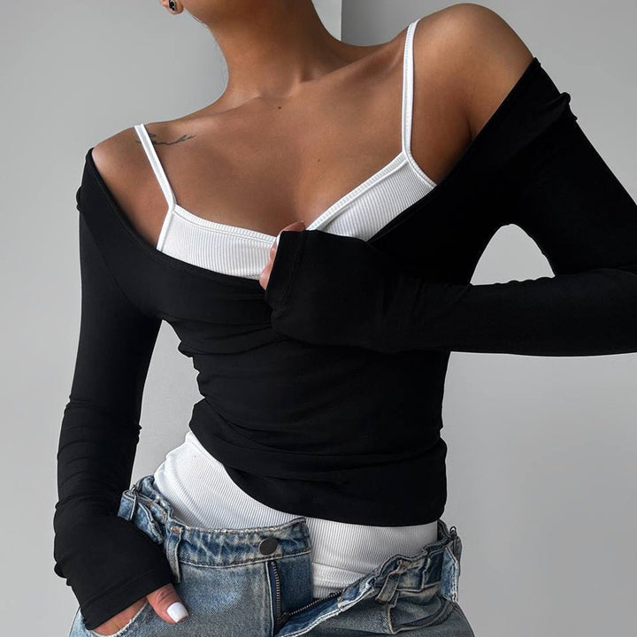 Damen nan tailliertes Longsleeve-Cropped-Top mit eckigem Ausschnitt und doppelten Spaghettiträgern Drune