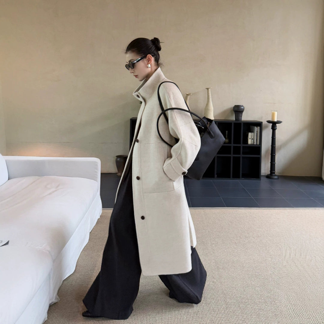 Damen Oversize Wollmantel mit Stehkragen und großen Pattentaschen Drune